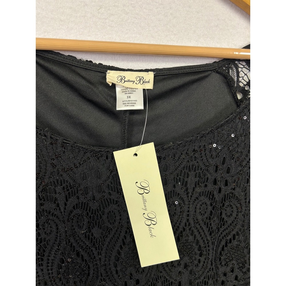 Evening Party Brittany Black Womens 3X Black Sequin Lace 3/4 Sleeve Tunic Blouse - Picture 3 of 9